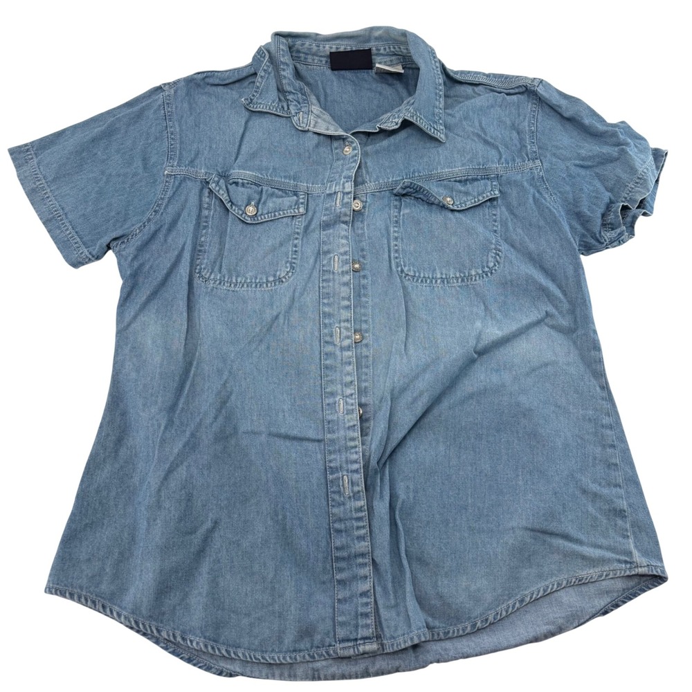 Faded Glory Womens Large Blue Denim Short Sleeve Button Up Shirt 100% Cotton